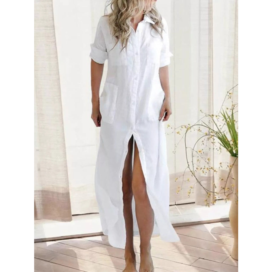 Full Size Casual Button-Down Maxi Shirt Dress Plus Size White / S Apparel and Accessories