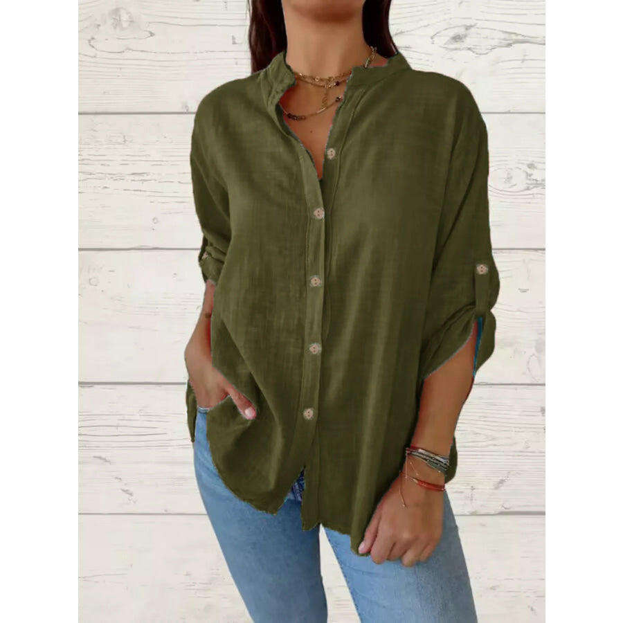 Full Size Casual Button-Down Roll-Up Sleeve Shirt Plus Size Army Green / S Apparel and Accessories