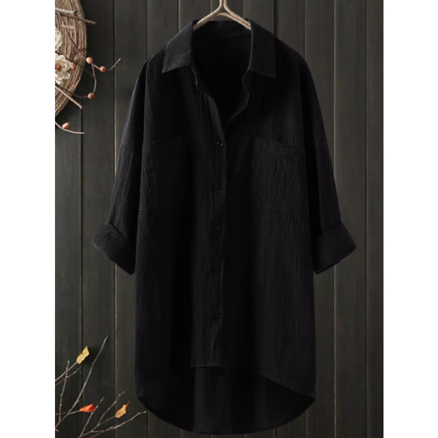 Full Size Casual Button-Down Shirt with Dual Chest Pockets Plus Black / S Apparel and Accessories