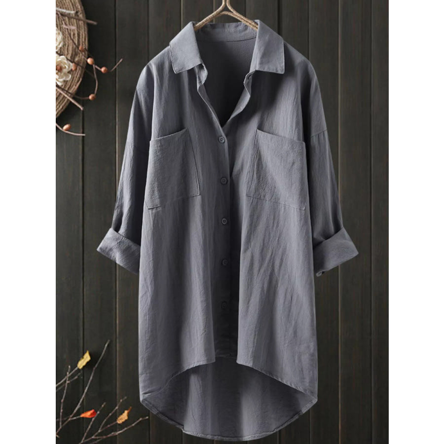 Full Size Casual Button-Down Shirt with Dual Chest Pockets Plus Gray / S Apparel and Accessories