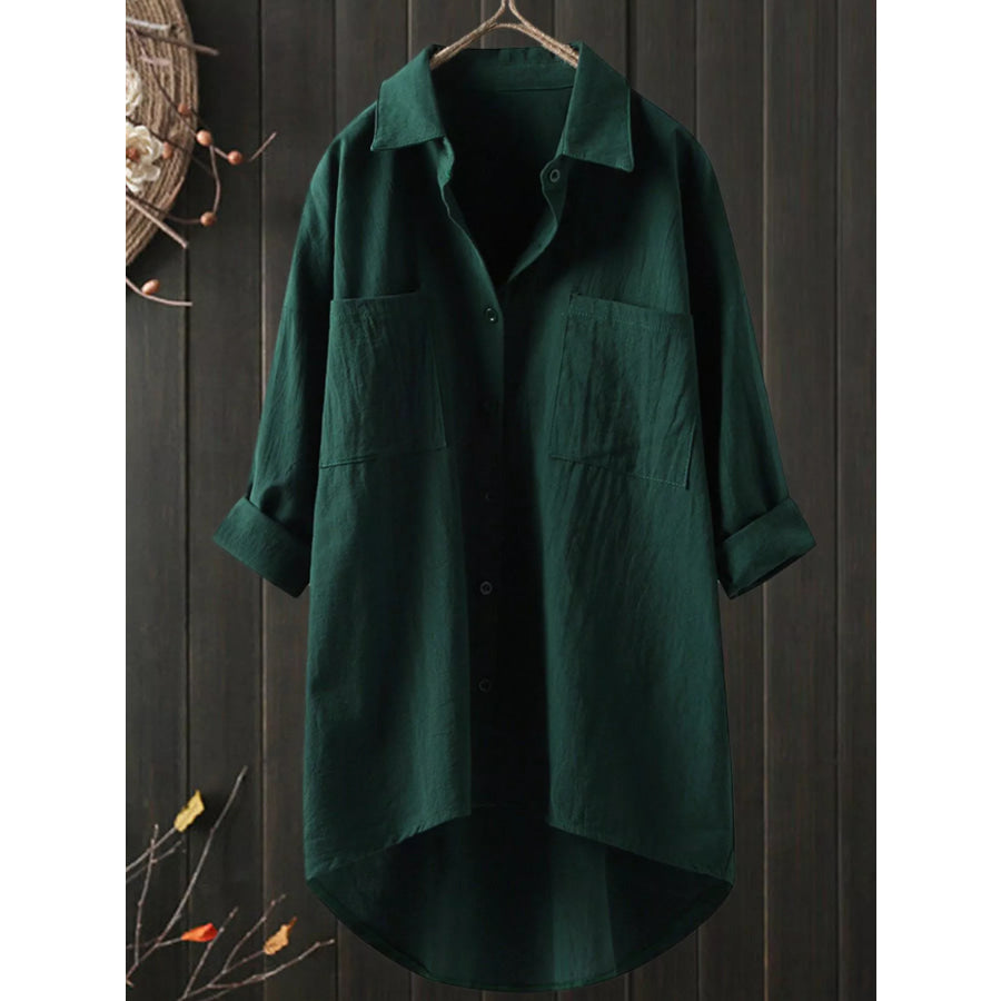 Full Size Casual Button-Down Shirt with Dual Chest Pockets Plus Green / S Apparel and Accessories