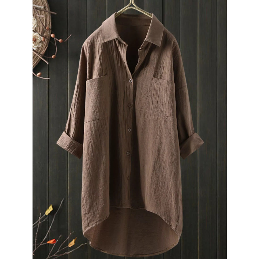 Full Size Casual Button-Down Shirt with Dual Chest Pockets Plus Khaki / S Apparel and Accessories
