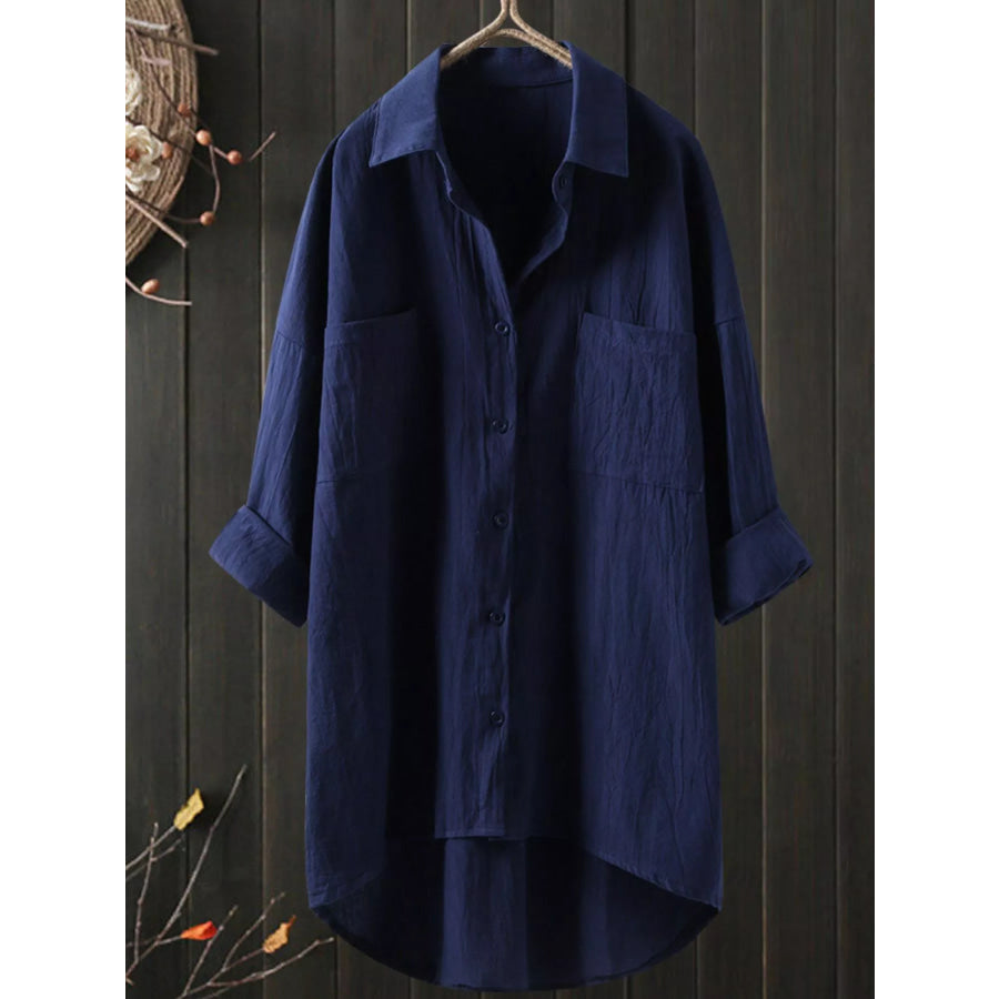 Full Size Casual Button-Down Shirt with Dual Chest Pockets Plus Navy / S Apparel and Accessories