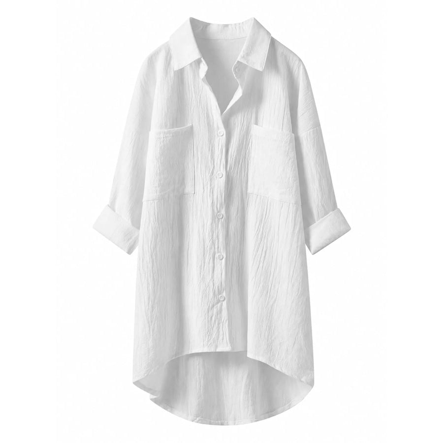 Full Size Casual Button-Down Shirt with Dual Chest Pockets Plus White / S Apparel and Accessories