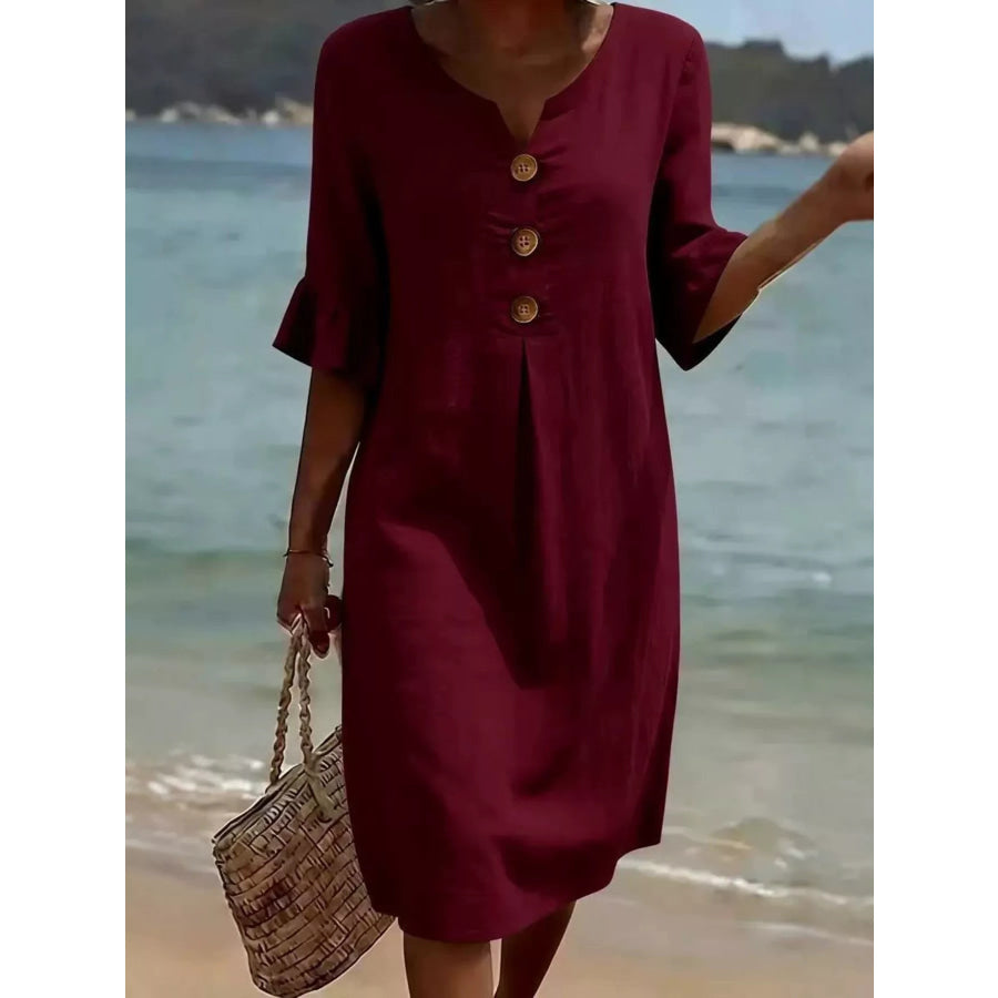 Full Size Casual Decor Button Dress with Ruffle Sleeves Plus Size Burgundy / S Apparel and Accessories