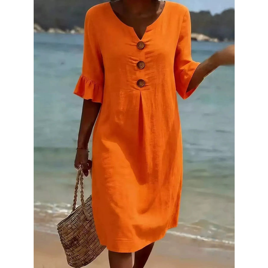 Full Size Casual Decor Button Dress with Ruffle Sleeves Plus Size Orange-red / S Apparel and Accessories
