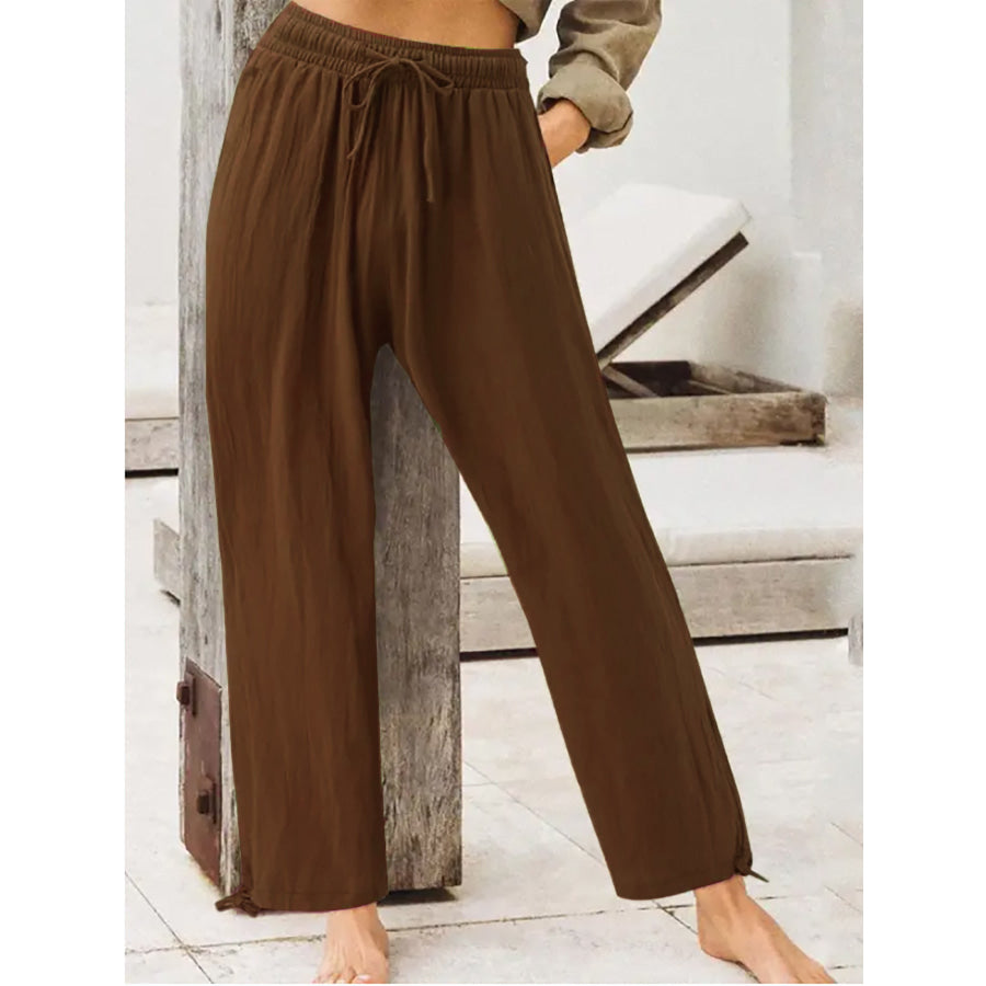 Full Size Casual Drawstring Wide-Leg Pants Plus Size Dark Curry / S Apparel and Accessories