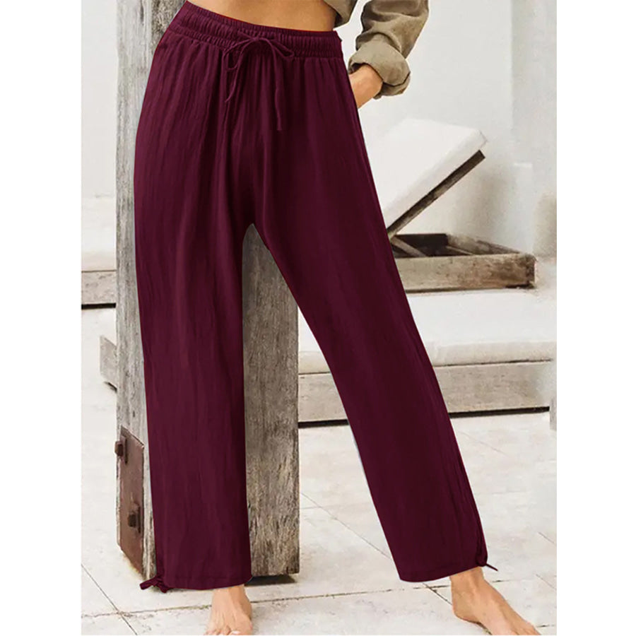 Full Size Casual Drawstring Wide-Leg Pants Plus Size Dark Red / S Apparel and Accessories