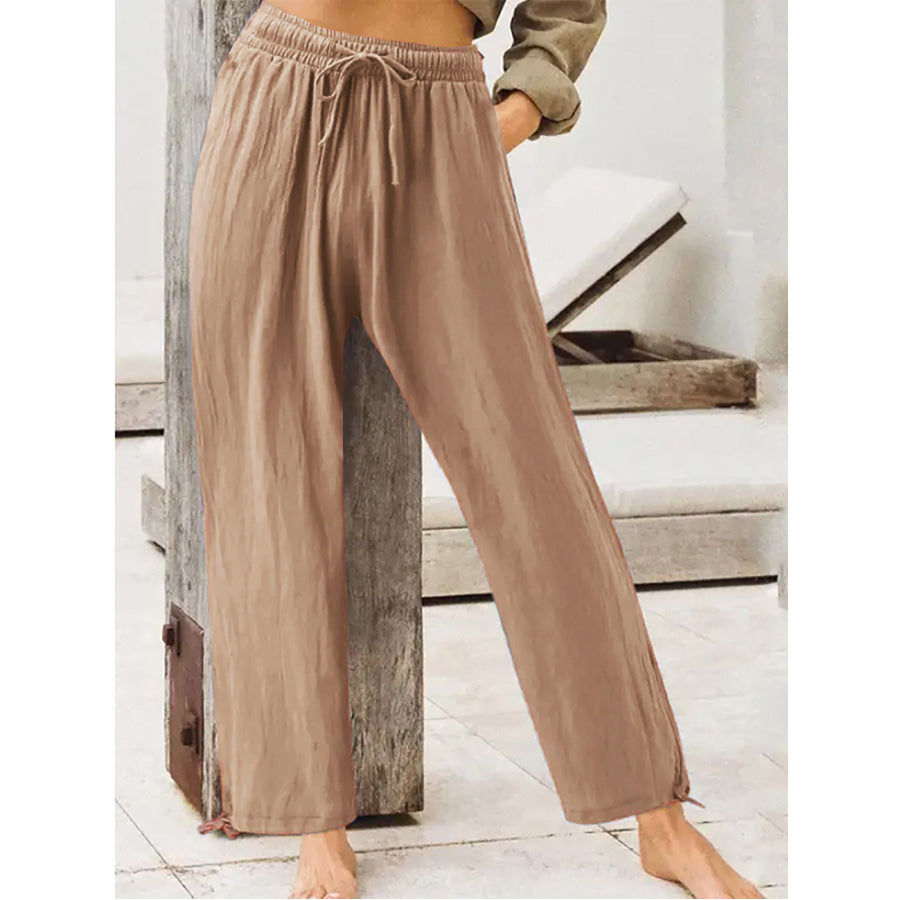 Full Size Casual Drawstring Wide-Leg Pants Plus Size Khaki / L Apparel and Accessories
