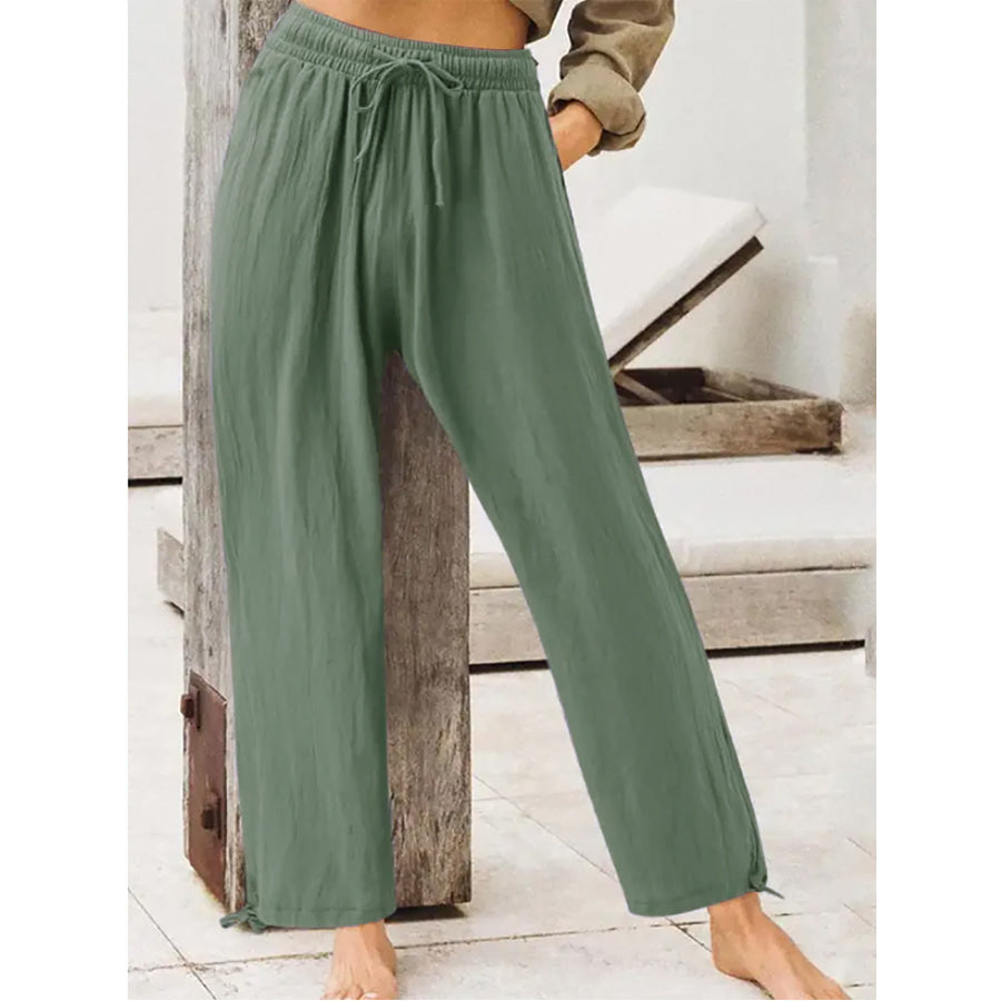 Full Size Casual Drawstring Wide-Leg Pants Plus Size Light Green / S Apparel and Accessories