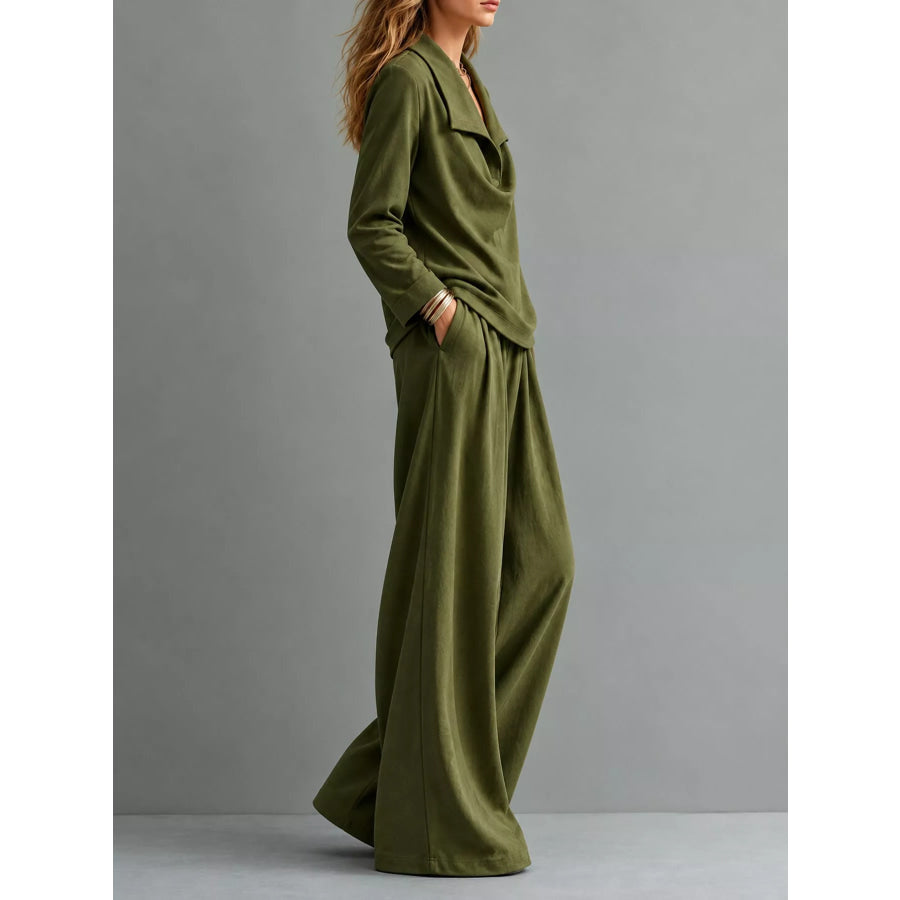 Full Size Casual Elegant Top and Wide-Leg Pants Set Plus Apparel Accessories