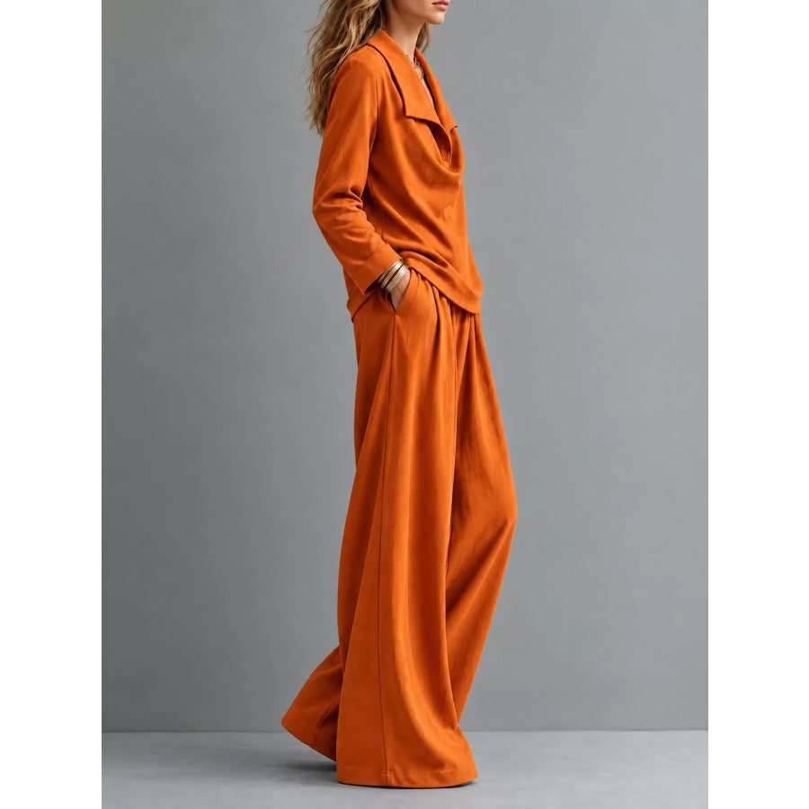 Full Size Casual Elegant Top and Wide-Leg Pants Set Plus Apparel Accessories