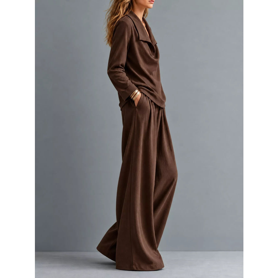 Full Size Casual Elegant Top and Wide-Leg Pants Set Plus Apparel Accessories