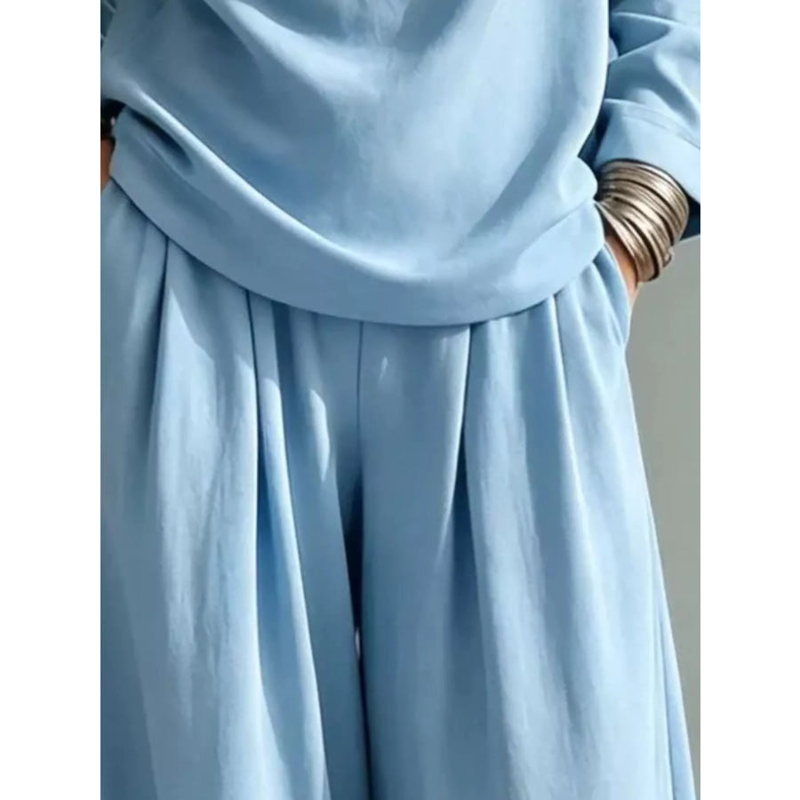 Full Size Casual Elegant Top and Wide-Leg Pants Set Plus Apparel Accessories
