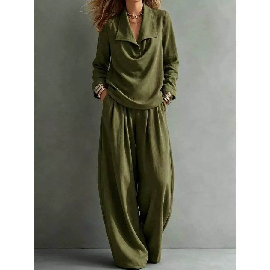 Full Size Casual Elegant Top and Wide-Leg Pants Set Plus Army Green / S Apparel Accessories
