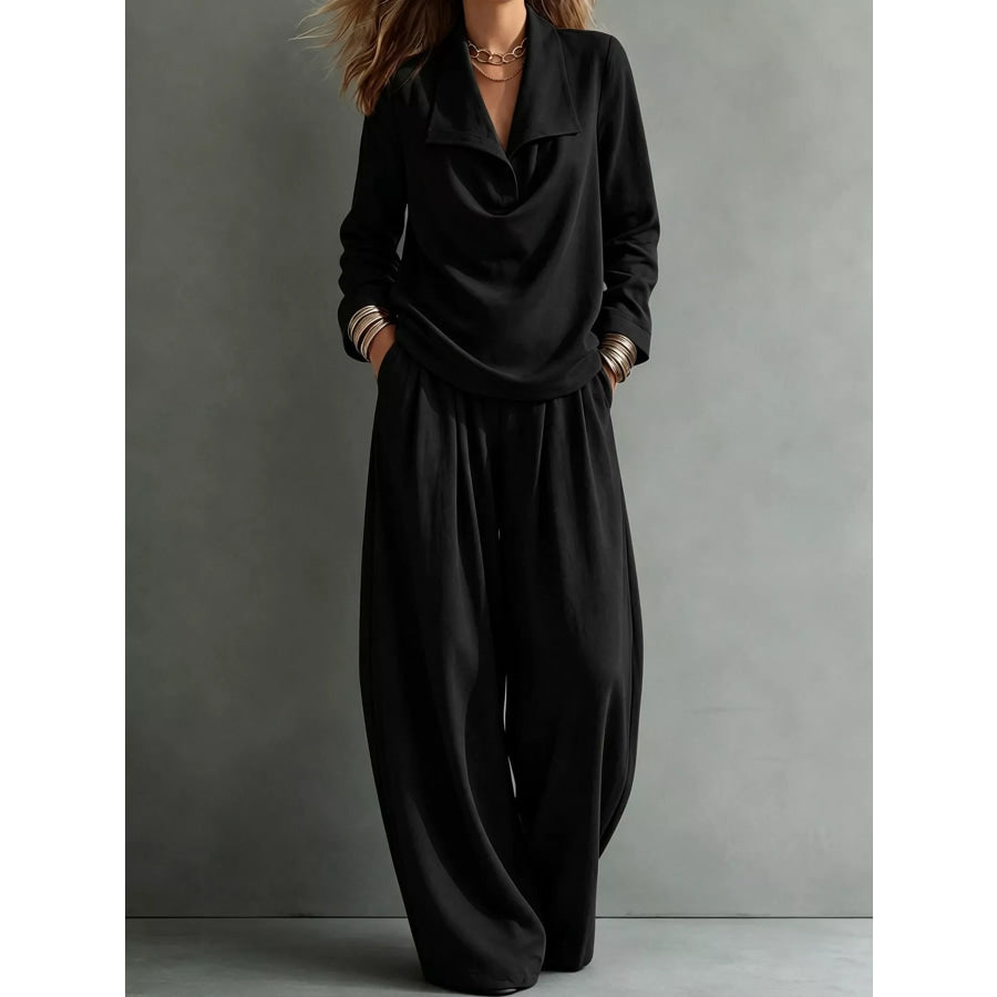 Full Size Casual Elegant Top and Wide-Leg Pants Set Plus Black / S Apparel Accessories