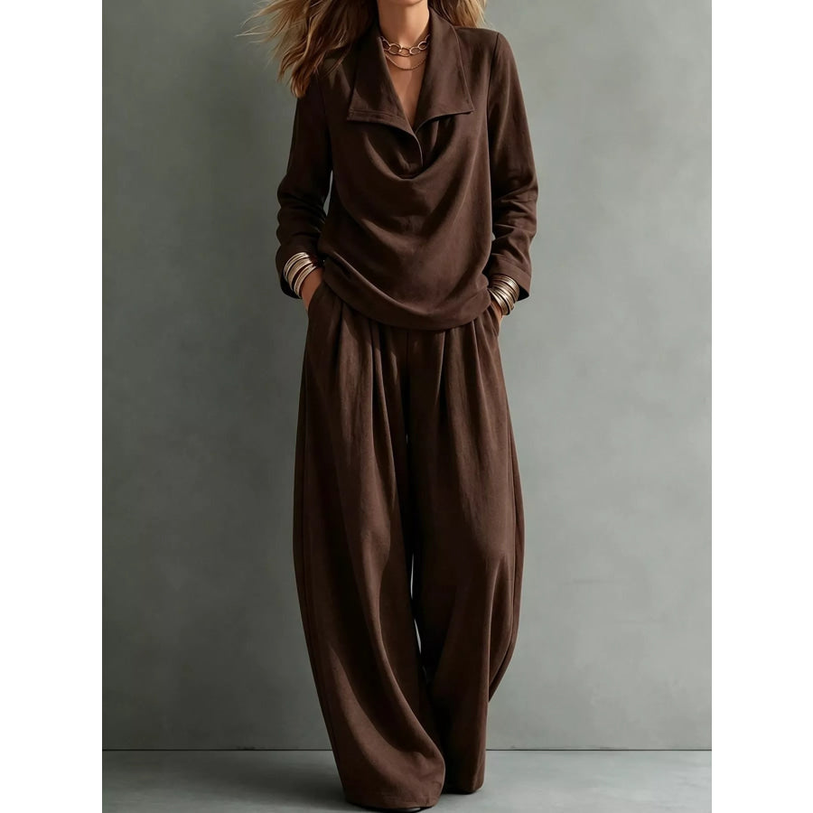 Full Size Casual Elegant Top and Wide-Leg Pants Set Plus Dark Brown / S Apparel Accessories