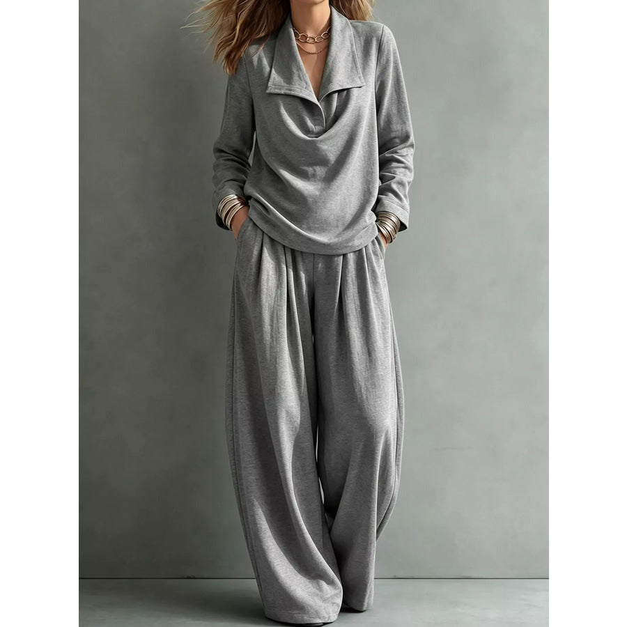 Full Size Casual Elegant Top and Wide-Leg Pants Set Plus Gray / S Apparel Accessories
