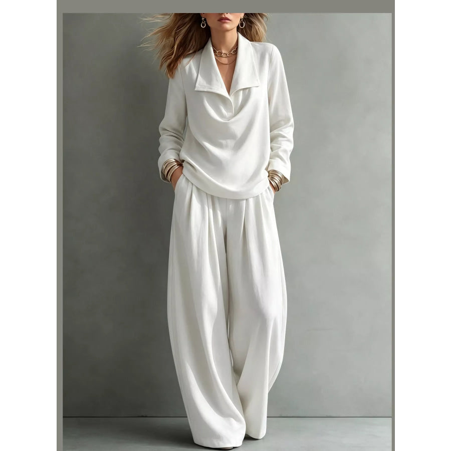 Full Size Casual Elegant Top and Wide-Leg Pants Set Plus White / S Apparel Accessories