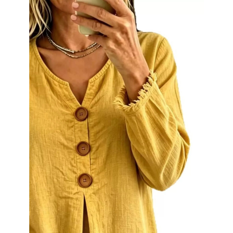 Full Size Casual Half-Button Blouse with Frayed Hem Detail Plus