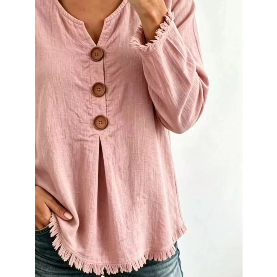 Full Size Casual Half-Button Blouse with Frayed Hem Detail Plus