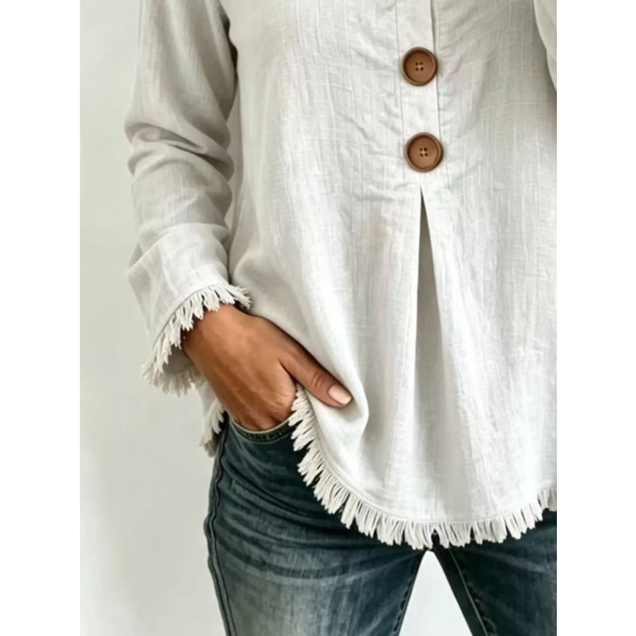 Full Size Casual Half-Button Blouse with Frayed Hem Detail Plus