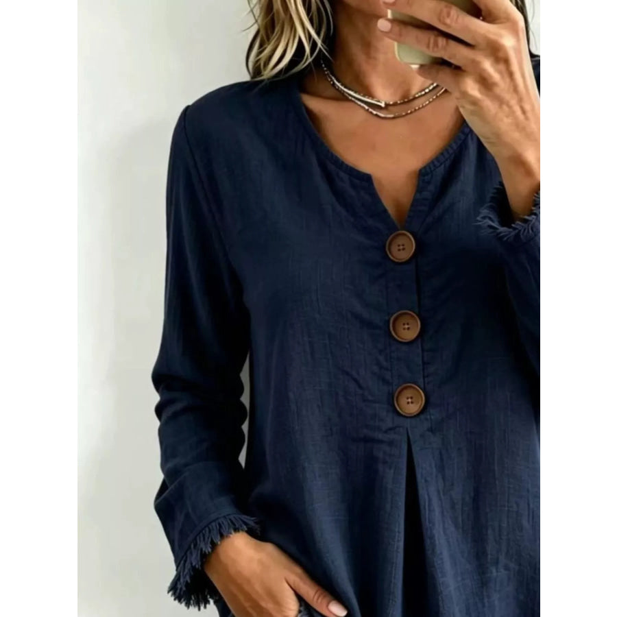 Full Size Casual Half-Button Blouse with Frayed Hem Detail Plus