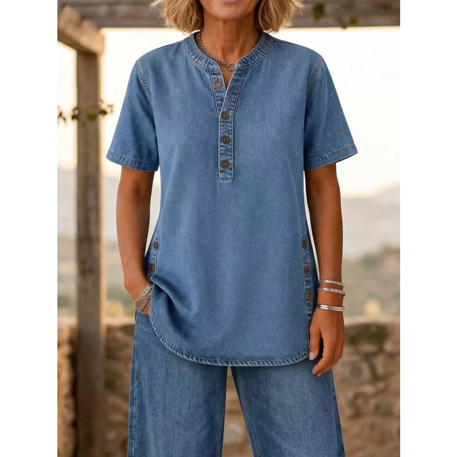Full Size Casual Half-Button Top and Cropped Pants Denim Set Plus Apparel Accessories