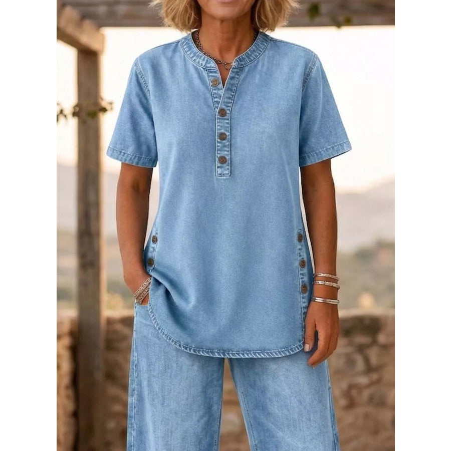Full Size Casual Half-Button Top and Cropped Pants Denim Set Plus Sky Blue / S Apparel Accessories