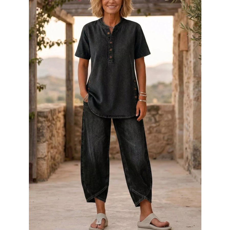 Full Size Casual Half-Button Top and Cropped Pants Denim Set Plus Black / S Apparel Accessories