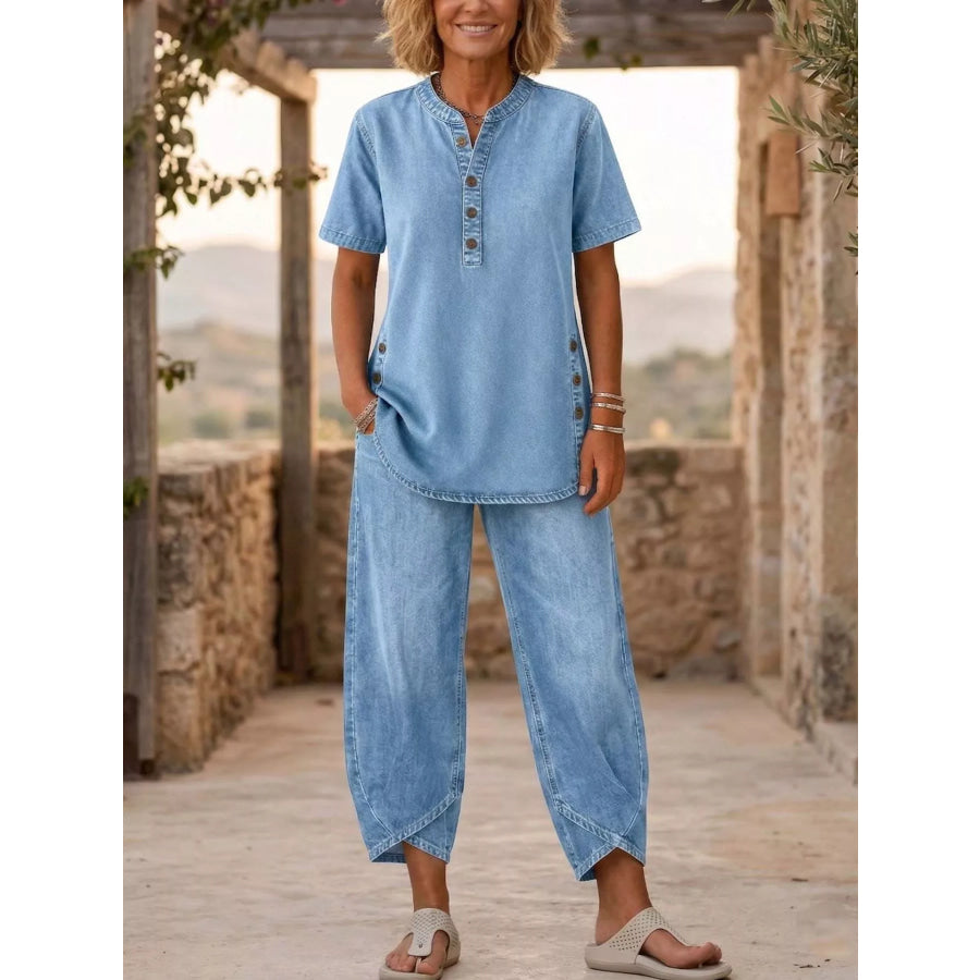 Full Size Casual Half-Button Top and Cropped Pants Denim Set Plus Sky Blue / S Apparel Accessories