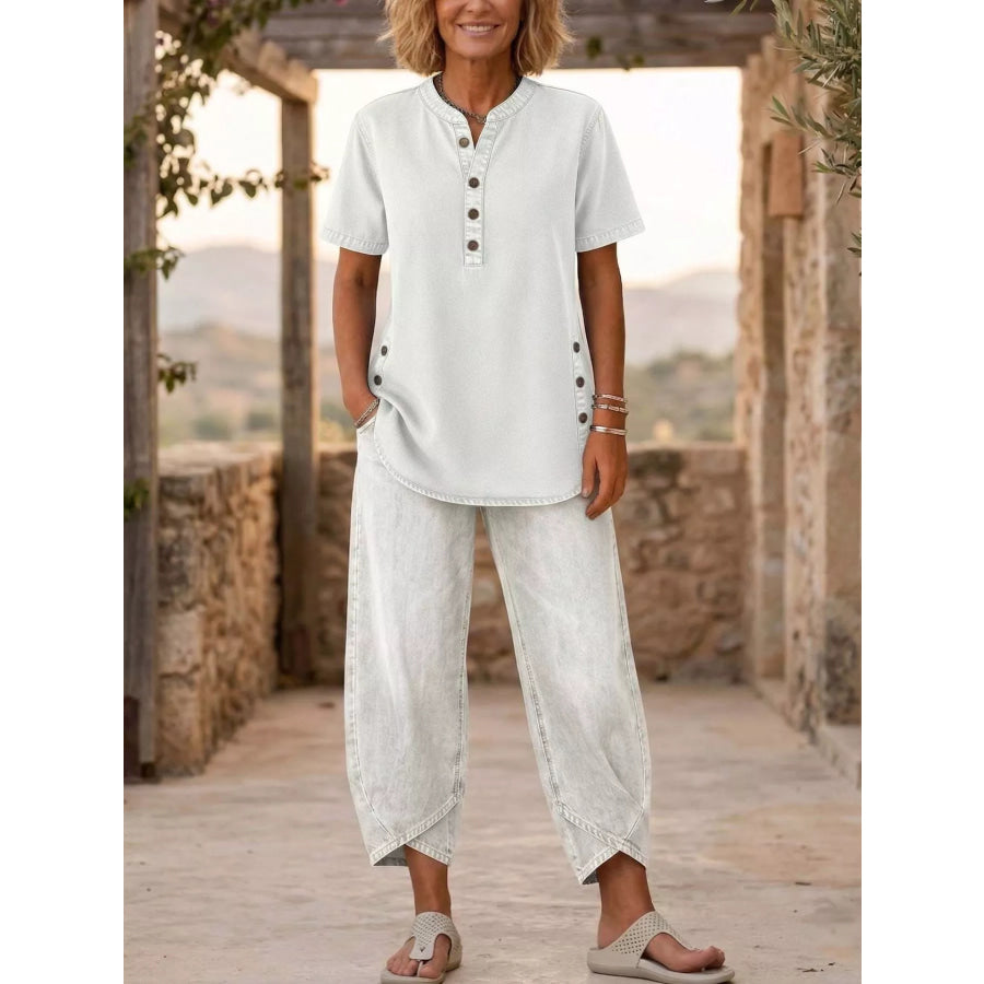 Full Size Casual Half-Button Top and Cropped Pants Denim Set Plus White / S Apparel Accessories