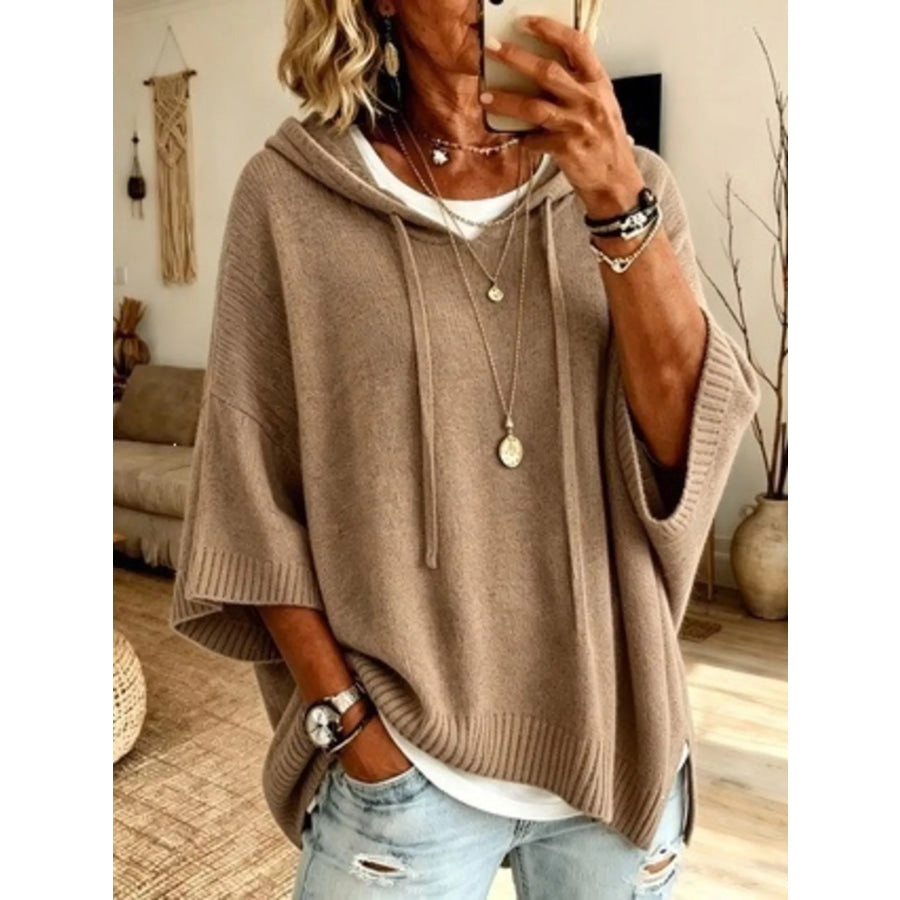 Full Size Casual Hooded Batwing Sleeve Knit Sweater Plus Size Apparel and Accessories