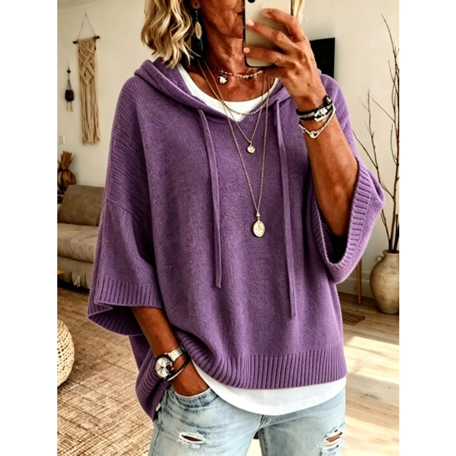 Full Size Casual Hooded Batwing Sleeve Knit Sweater Plus Size Apparel and Accessories