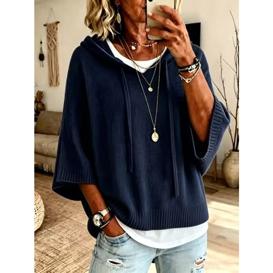 Full Size Casual Hooded Batwing Sleeve Knit Sweater Plus Size Apparel and Accessories