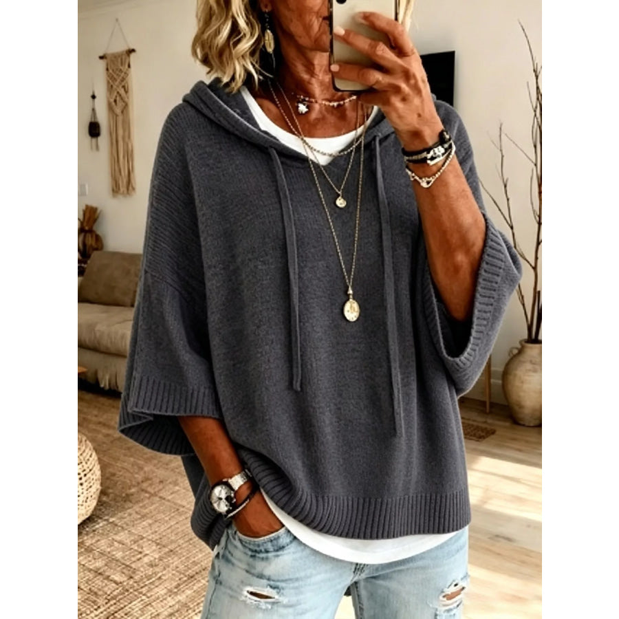 Full Size Casual Hooded Batwing Sleeve Knit Sweater Plus Size Apparel and Accessories