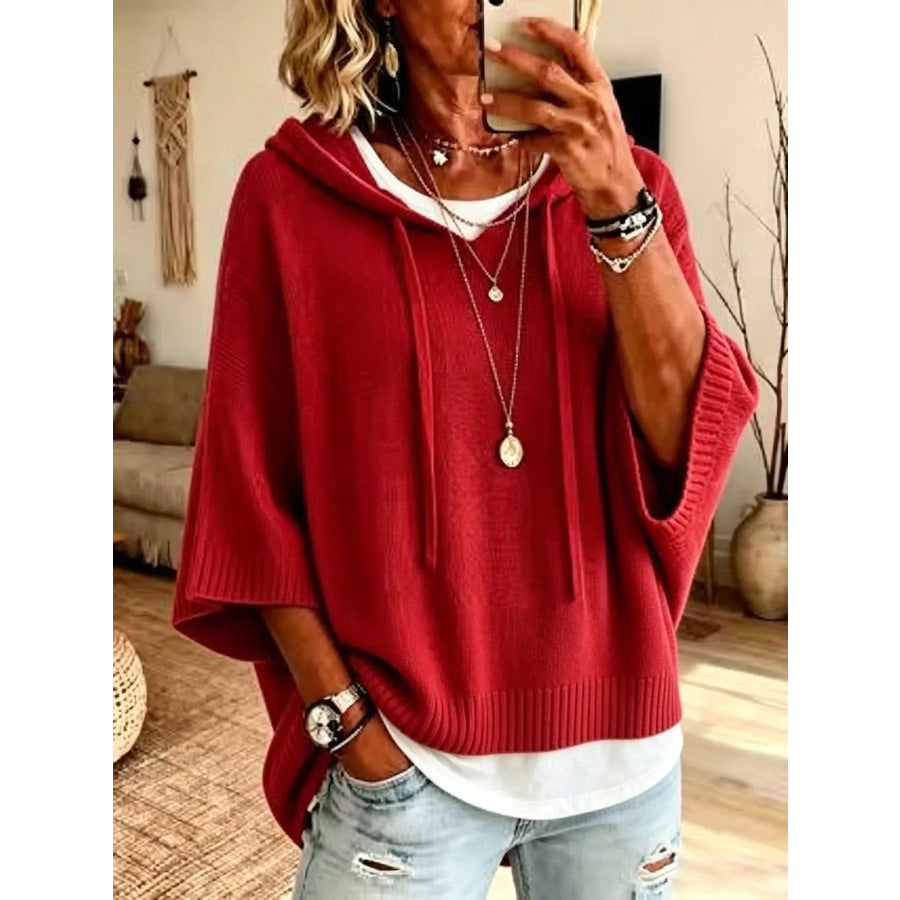 Full Size Casual Hooded Batwing Sleeve Knit Sweater Plus Size Apparel and Accessories