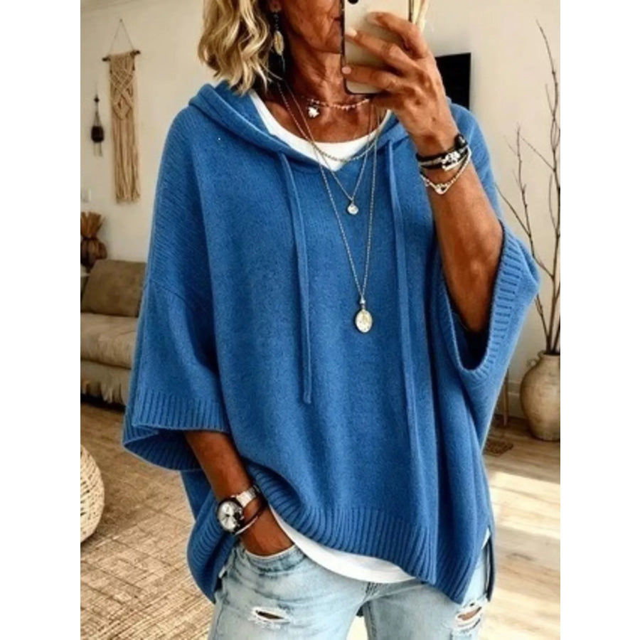 Full Size Casual Hooded Batwing Sleeve Knit Sweater Plus Size Blue / S Apparel and Accessories