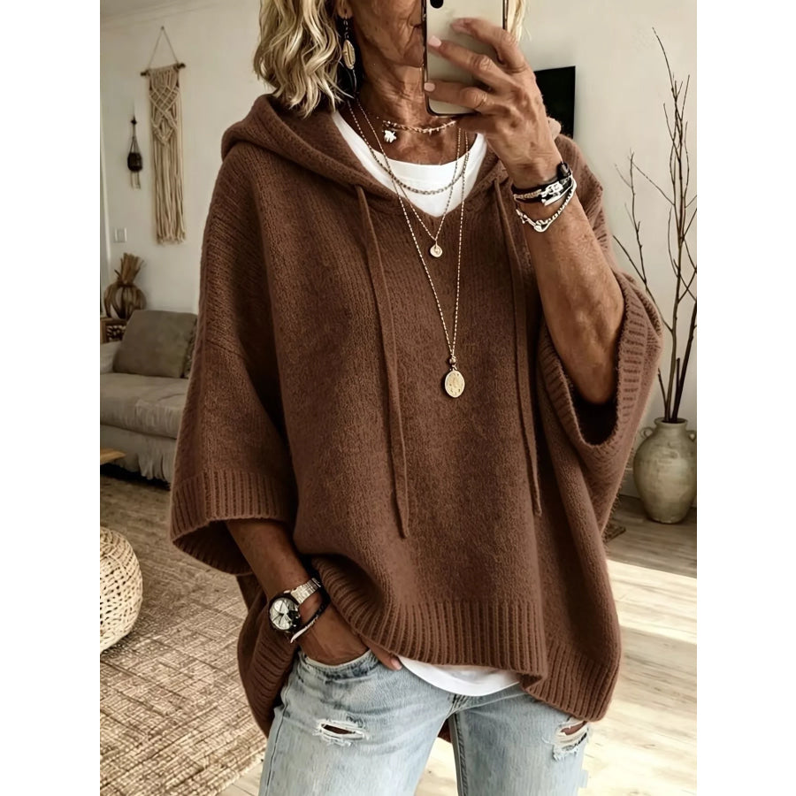 Full Size Casual Hooded Batwing Sleeve Knit Sweater Plus Size Brown / S Apparel and Accessories