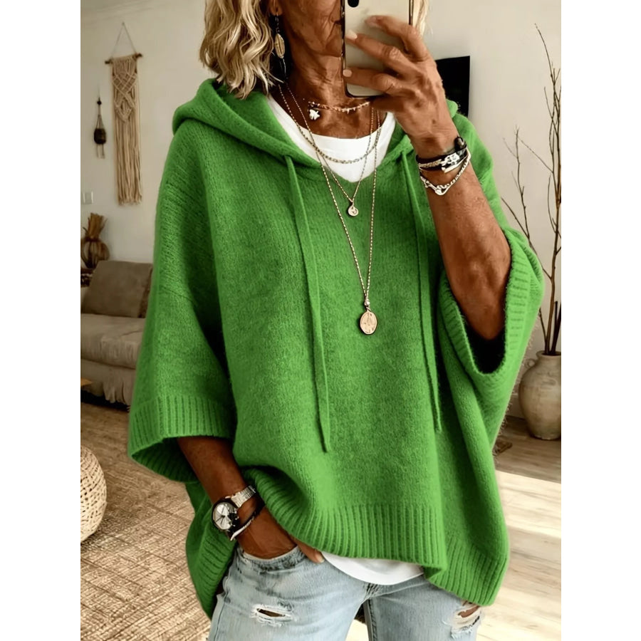 Full Size Casual Hooded Batwing Sleeve Knit Sweater Plus Size Green / S Apparel and Accessories