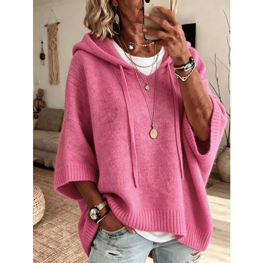 Full Size Casual Hooded Batwing Sleeve Knit Sweater Plus Size Pink / S Apparel and Accessories