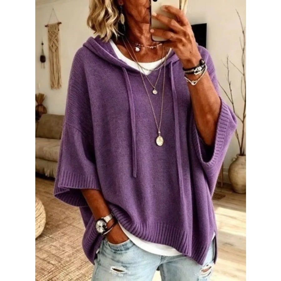 Full Size Casual Hooded Batwing Sleeve Knit Sweater Plus Size Purple / S Apparel and Accessories