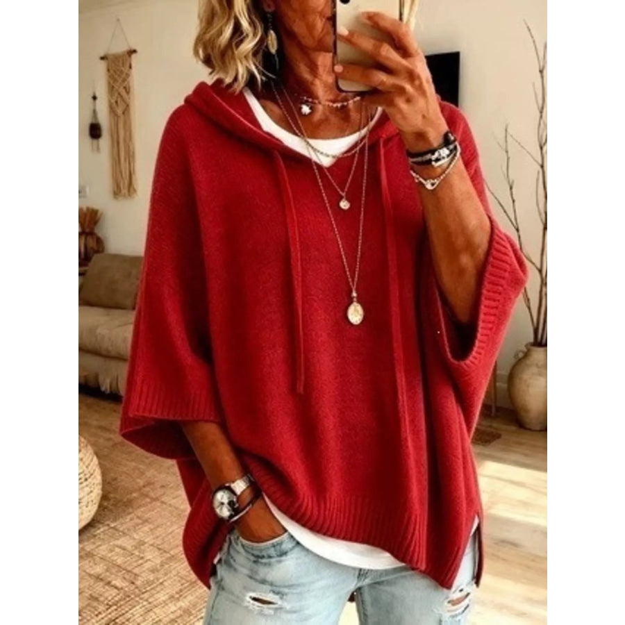 Full Size Casual Hooded Batwing Sleeve Knit Sweater Plus Size Red / S Apparel and Accessories