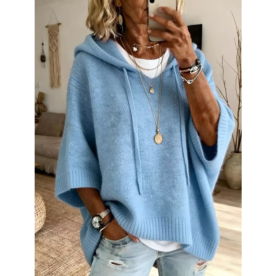 Full Size Casual Hooded Batwing Sleeve Knit Sweater Plus Size Sky Blue / S Apparel and Accessories
