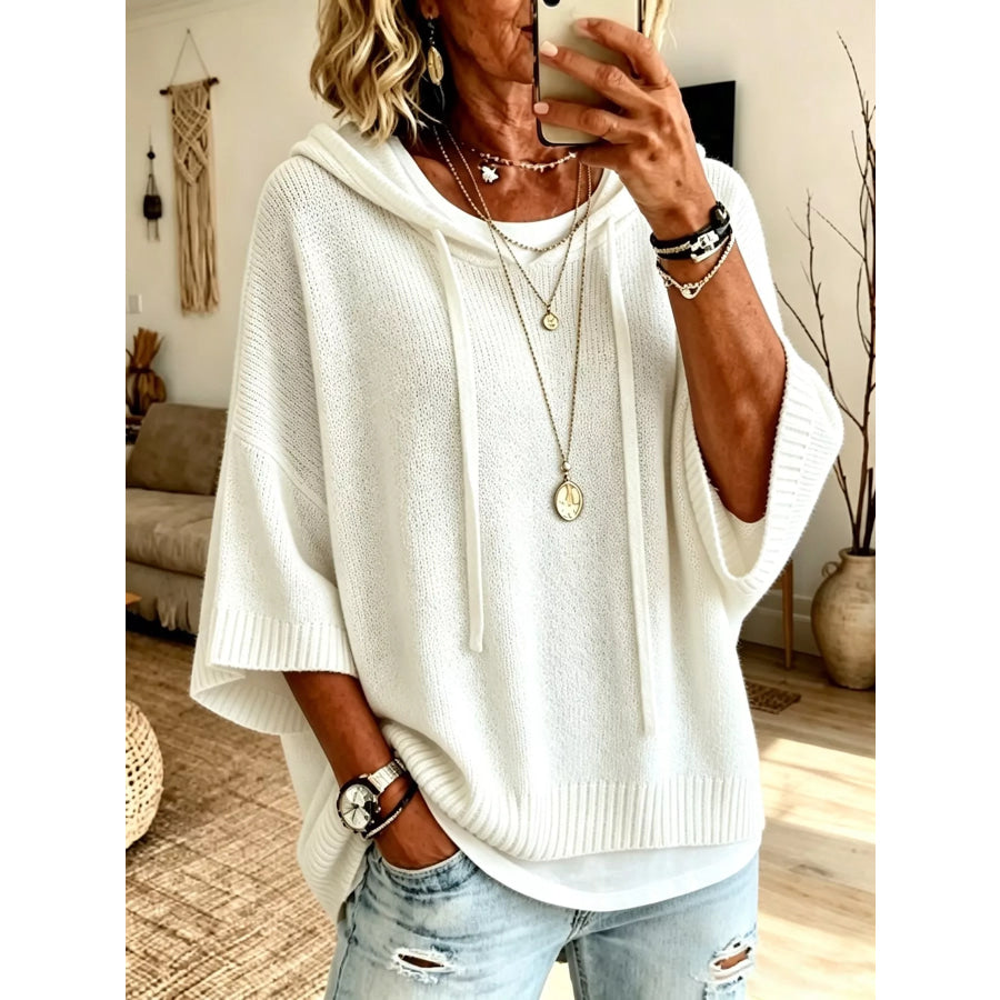 Full Size Casual Hooded Batwing Sleeve Knit Sweater Plus Size White / S Apparel and Accessories
