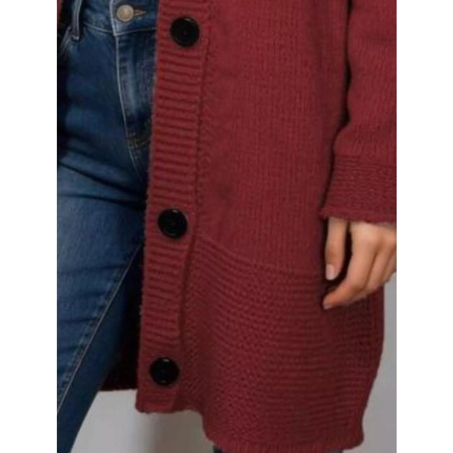 Full Size Casual Hooded Button-Down Knit Cardigan Plus Apparel and Accessories
