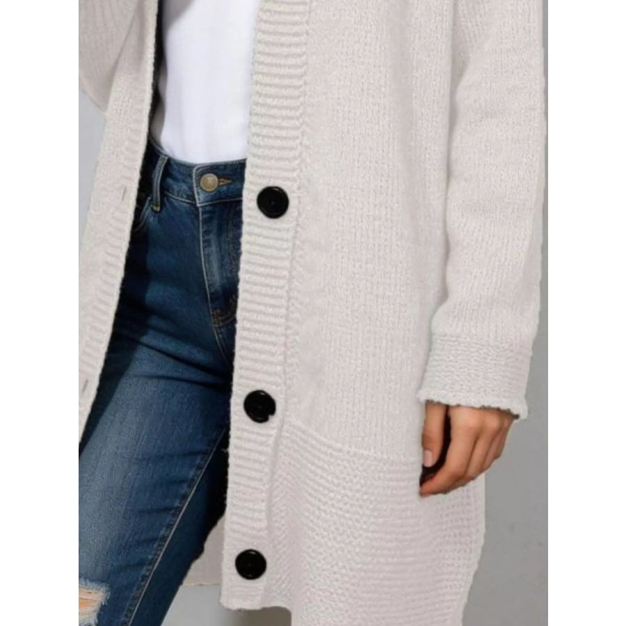 Full Size Casual Hooded Button-Down Knit Cardigan Plus Apparel and Accessories