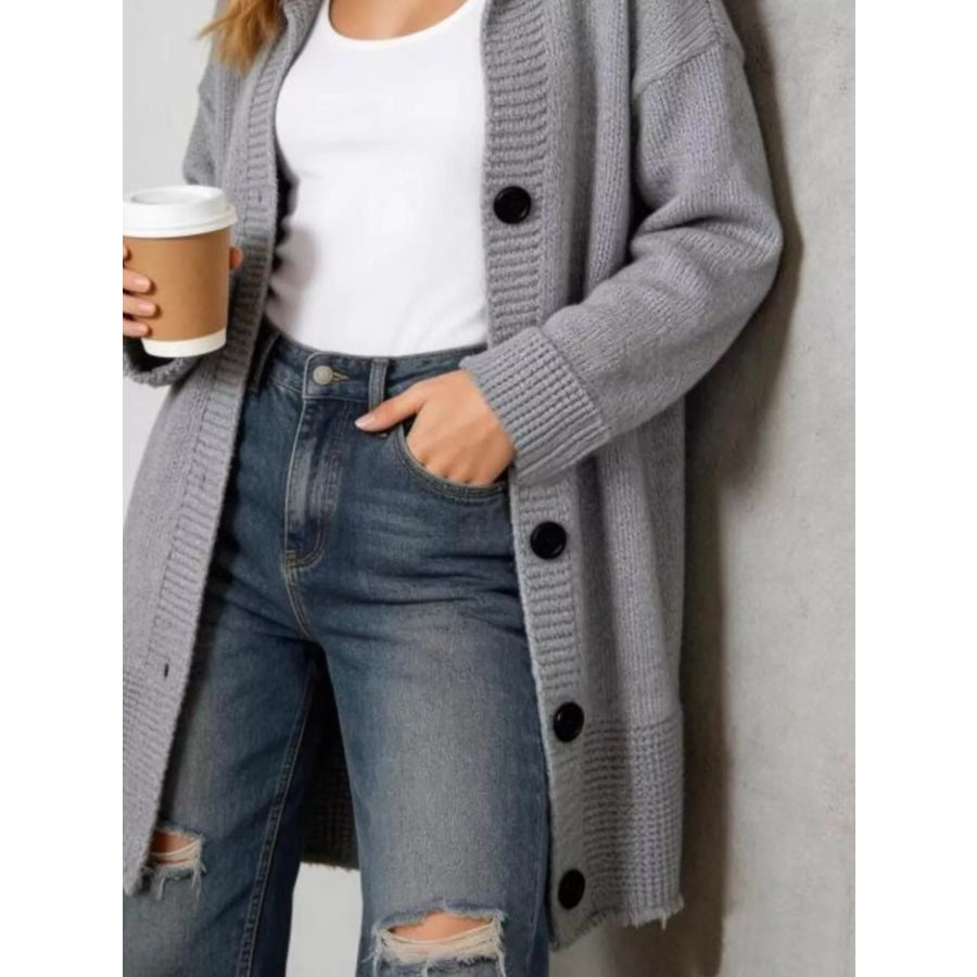 Full Size Casual Hooded Button-Down Knit Cardigan Plus Apparel and Accessories