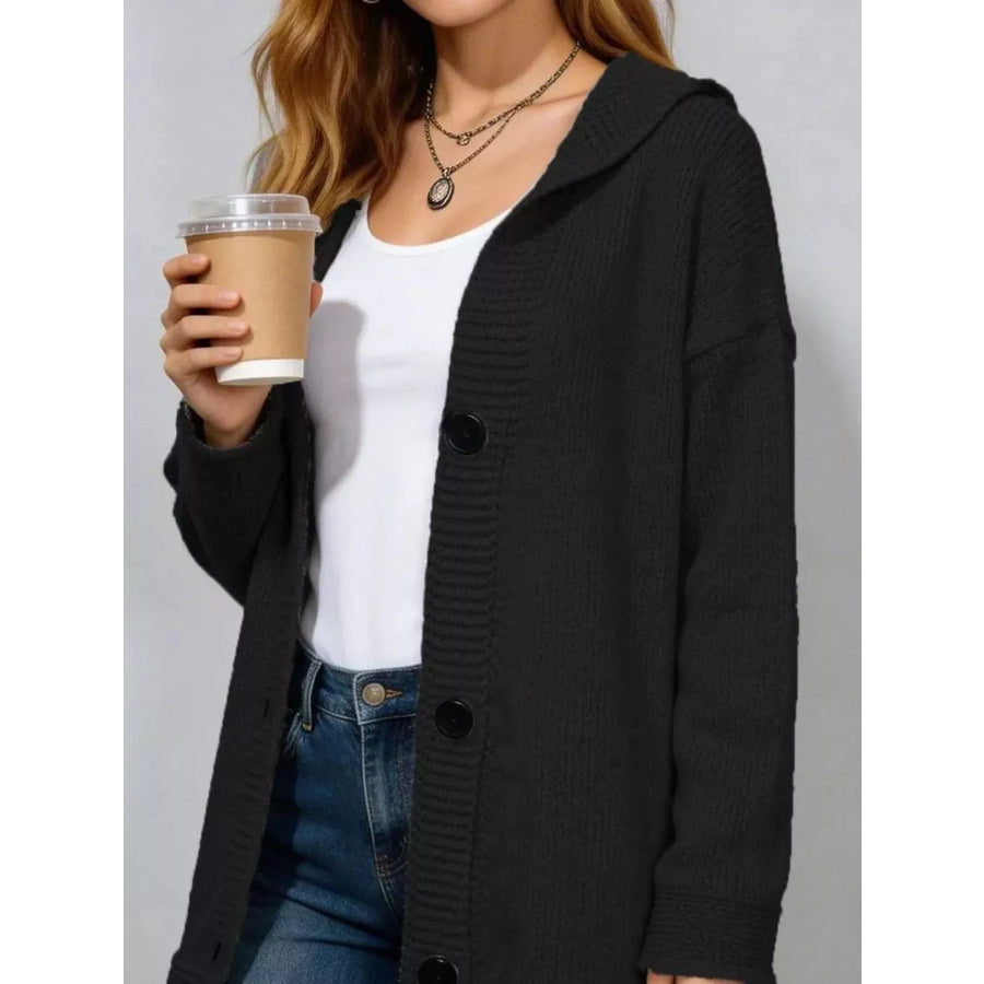 Full Size Casual Hooded Button-Down Knit Cardigan Plus Apparel and Accessories