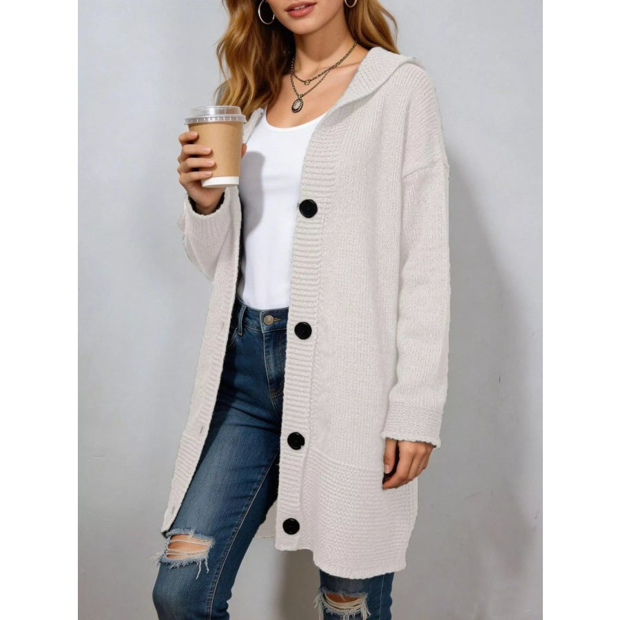 Full Size Casual Hooded Button-Down Knit Cardigan Plus Apricot / S Apparel and Accessories